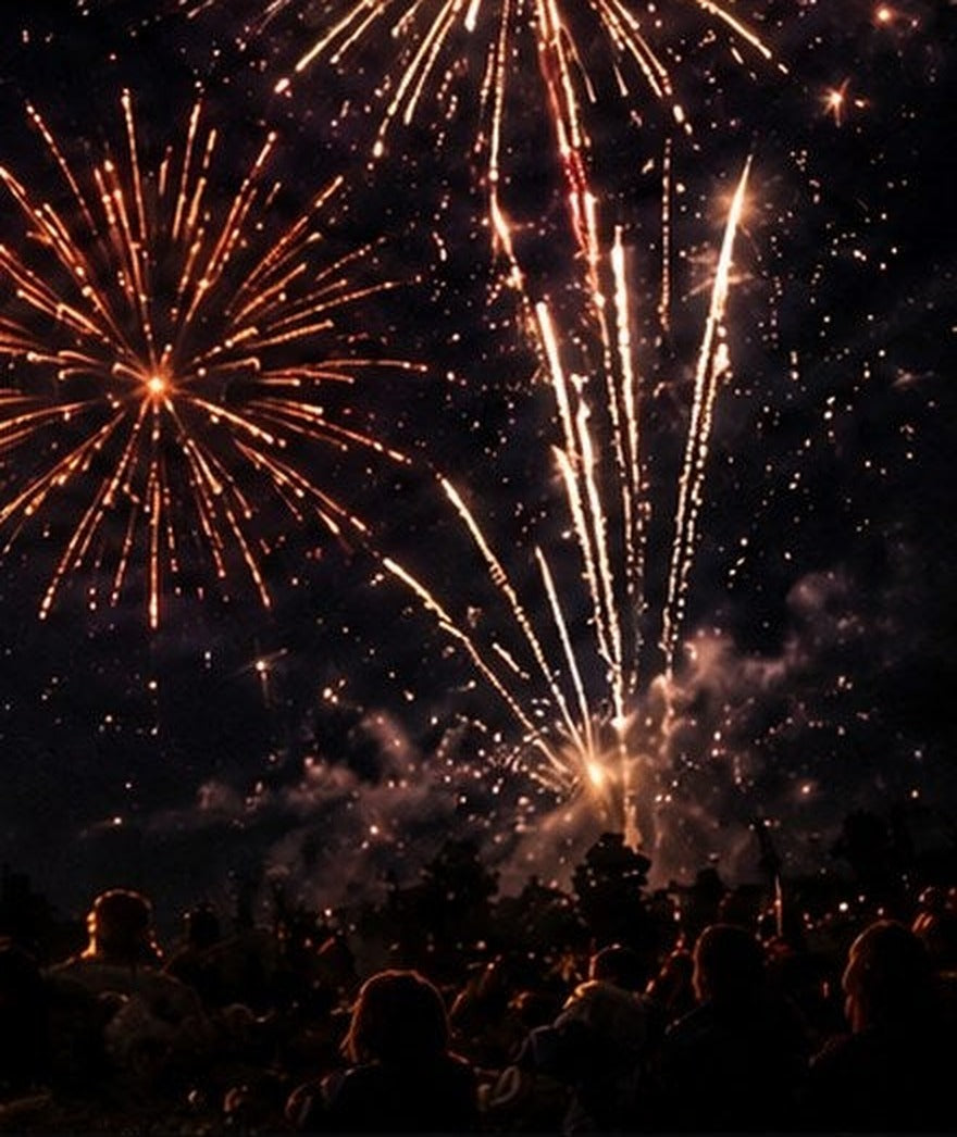 Fireworks bursting over a crowd at night