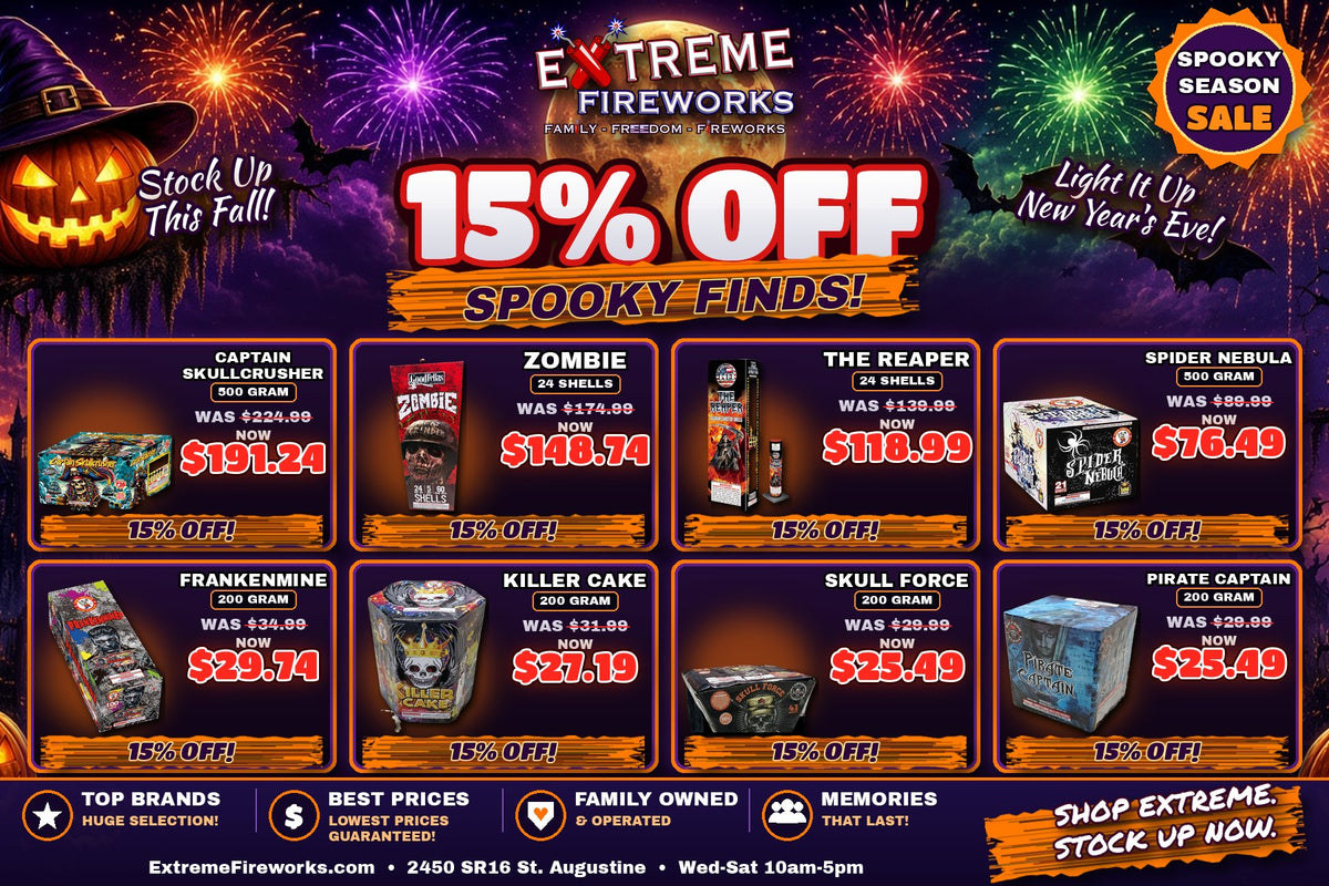 15% off Spooky Finds fireworks, October 1-31 at Extreme Fireworks St. Augustine